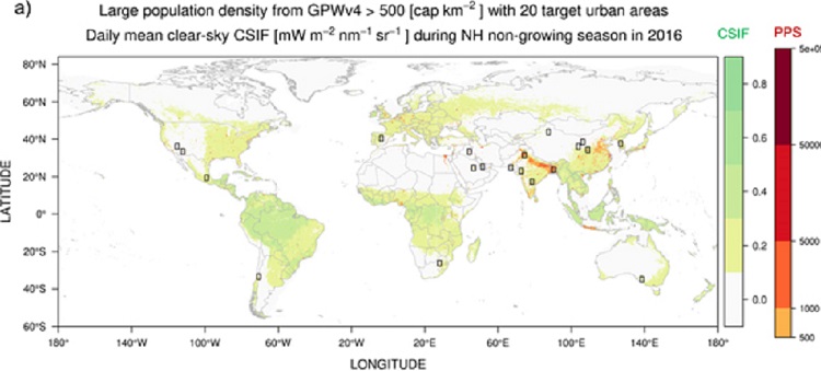 The distribution of target cities and 1 km &times; 1 km population density trends. Source: Dien Wu et al.