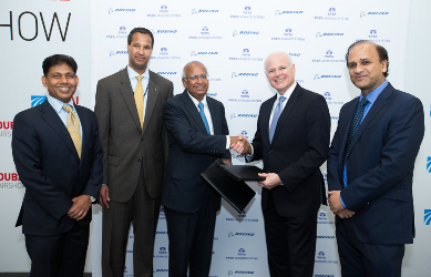 Tata Advanced Systems Chairman S. Ramadorai (third from left) and Tom Bell, senior vice president, Global Sales & Marketing, Boeing Defense, Space & Security (second from right) sign the agreement to create a joint venture. Boeing International President Marc Allen (second from left), Boeing India President Pratyush Kumar (left) and Tata Advanced Systems CEO Sukaran Singh (right) attended the signing ceremony. Image source: Boeing