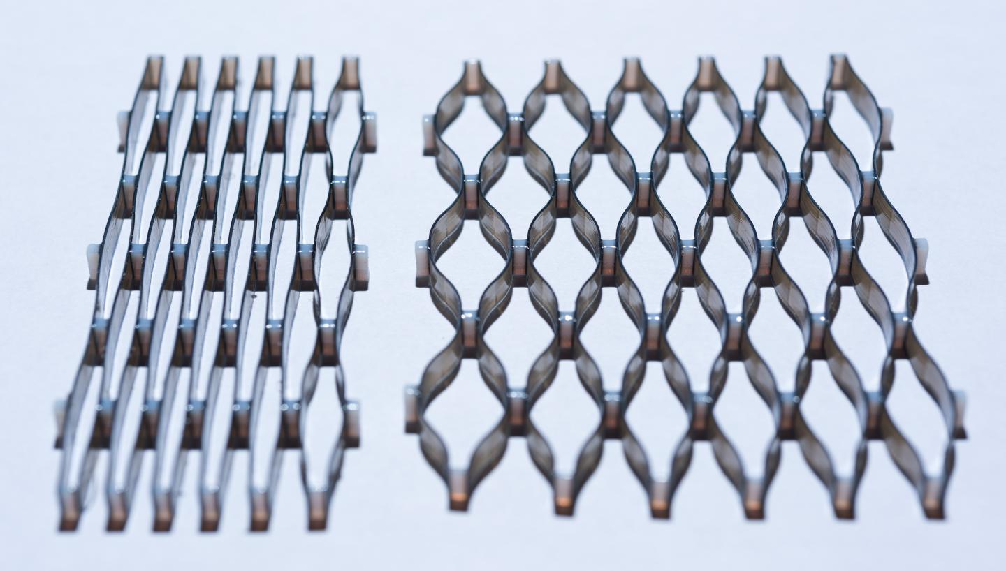 A lattice created by a multi-material 3-D printer at Georgia Institute of Technology that can permanently expand to eight times its original width after exposure to heat. Image credit: Rob Felt