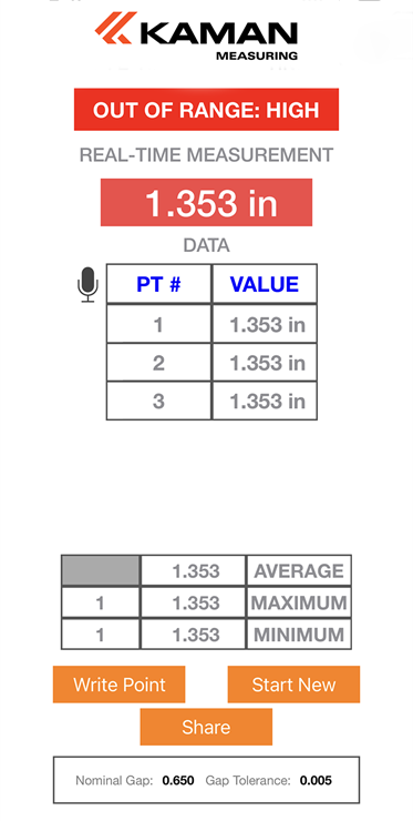 Figure 4. The mobile app intuitively stores measurements and notifies if out of range. Source: Kaman Measuring