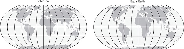 The popular Robinson projection and Equal Earth projection have similar overall shapes. Source: Taylor & Francis