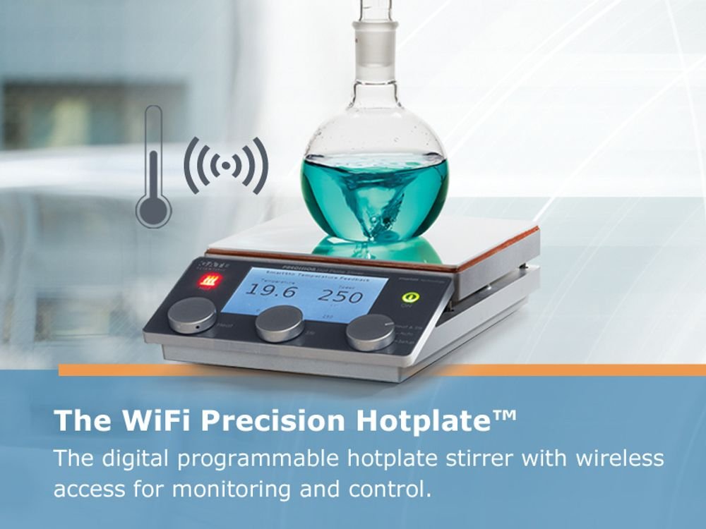 The Wi-Fi Precision Hotplate uses a SmartSense Stirbar to wirelessly monitor the actual temperature within the stirred media. Source: Gate Scientific
