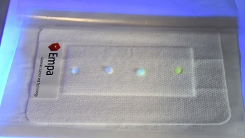 Using a UV lamp, the pH level in the wound can be verified without removing the bandage, allowing the healing process to continue unimpeded. (Image: Empa)
