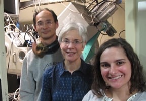L to R: Nobumichi Tamura, Marie Jackson and Camelia Stan at beamline 12.3.2 at the Advanced Light Source, Lawrence Berkeley National Laboratories. 