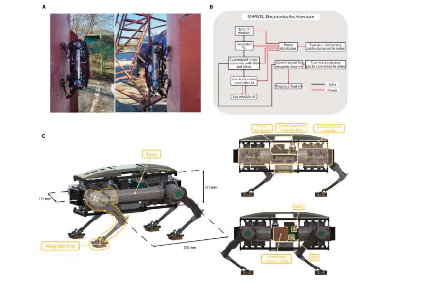 MARVEL description. (A) MARVEL clinging to a steel storage tank. (B) MARVEL electronic architecture. (C) Mechanical and electronic components of MARVEL. Source: Science Robotics (2022). DOI: 10.1126/scirobotics.add1017