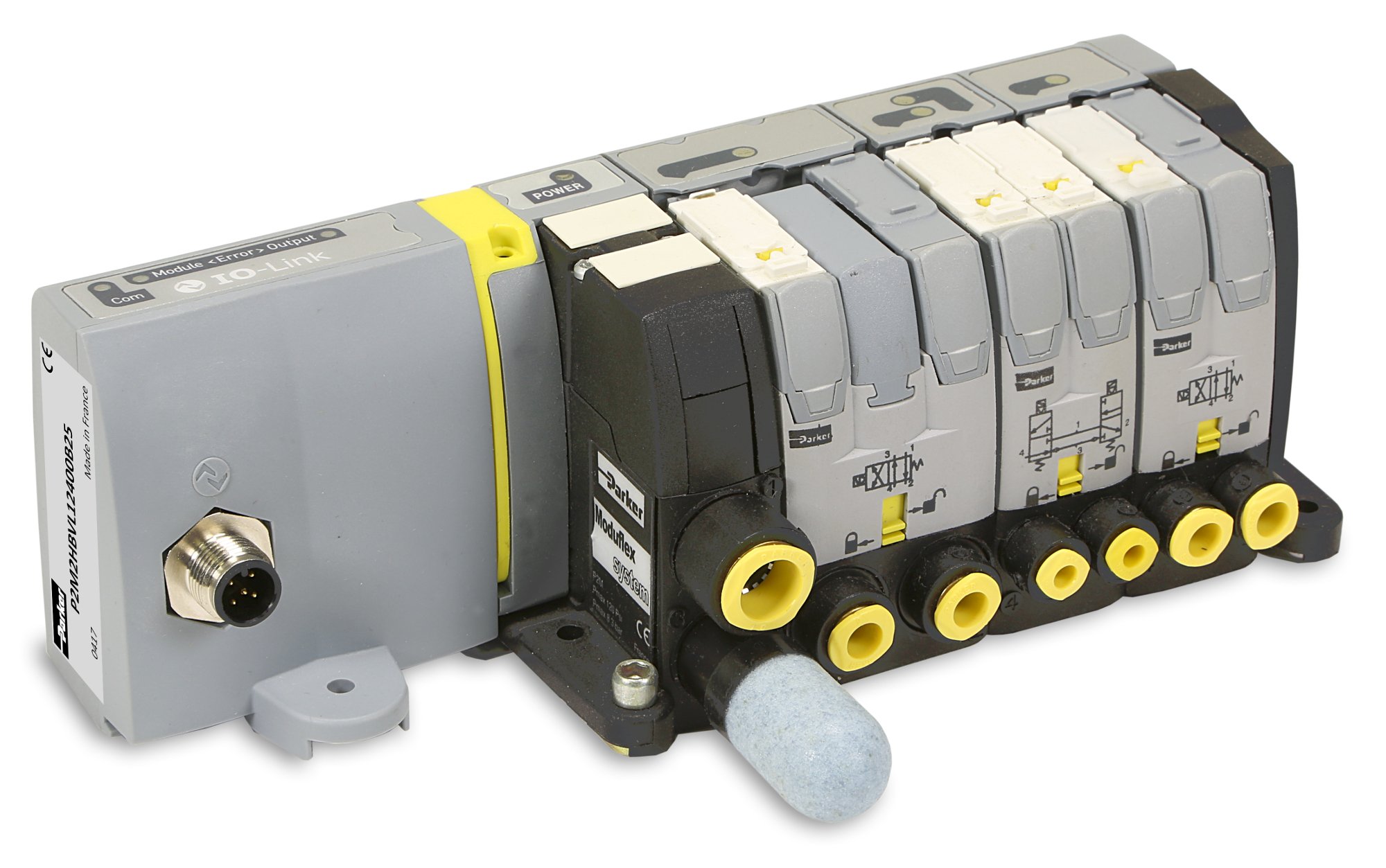 As an example of a modern valve terminal combining modular flow control with electronics, Parker’s Moduflex Valve System receives electrical control signals over a field bus connection for electro-pneumatic automation applications. But it lacks some of the characteristics of a true cyber-physical system, including intelligent onboard sensing and control as well as flexible, software-executed reconfiguration. Source: Parker Hannifin Corporation