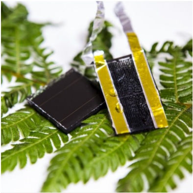 The breakthrough electrode prototype (right) can be combined with a solar cell (left) for on-chip energy harvesting and storage. (Source: RMIT)