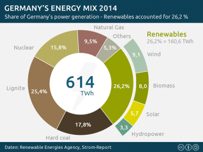 Germany's Energy Mix, 2014. Image credit: Renewable Energies Agency, Strom Report.