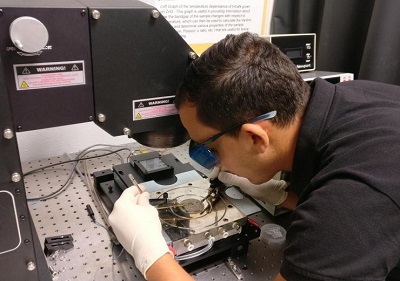 A researcher measures the photovoltaic performance of the InGaN solar cells with a solar simulator. Source: Ougazzaden Laboratory, Georgia Tech Lorraine