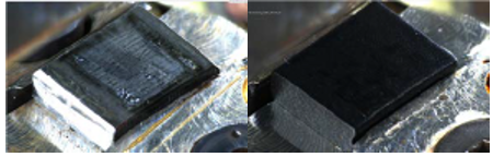 Figure 4: Left: Fretting resistance test with only steel on steel contact. Right: Fretting resistance test with TriboShield being used. Source: GGB