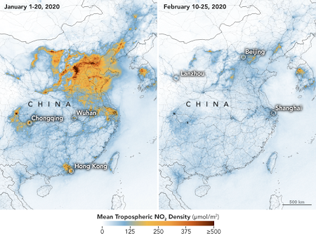 Satellite data show a decline in tropospheric nitrogen dioxide levels over China from January 1 to February 25, 2020. Source: NASA