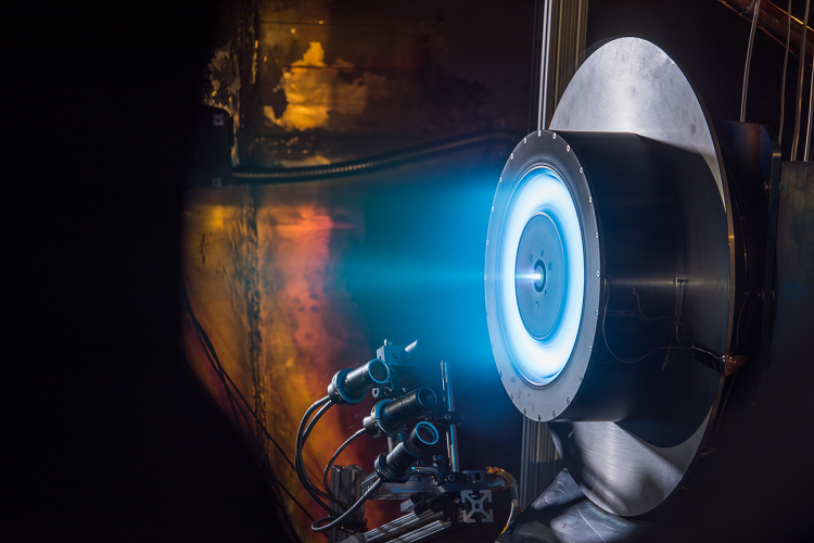 A prototype 13 kW Hall thruster being tested at NASA’s Glenn Research Center in 2016. Source: NASA
