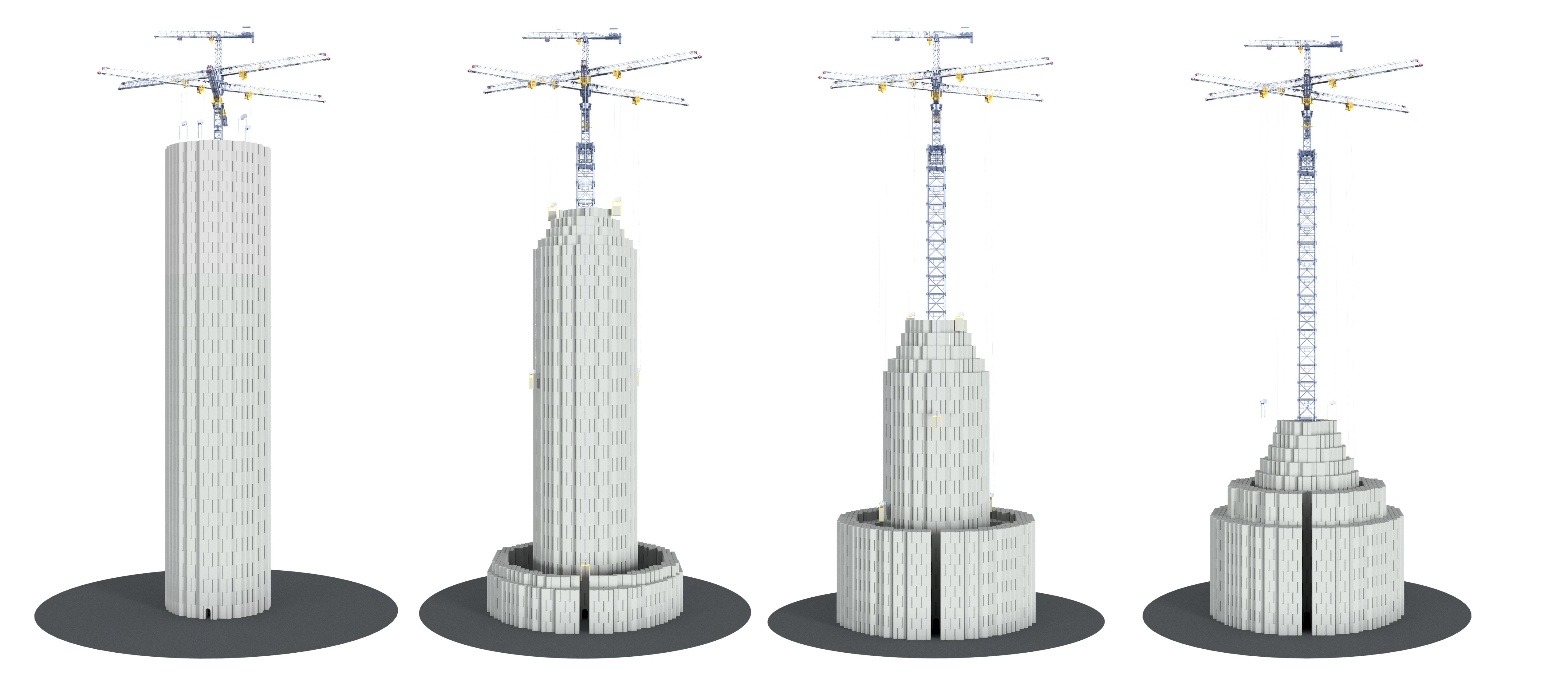From left to right, Energy Vault’s tower fully “charged,” at partial levels of charge, and with its capacity fully expended. Source: Energy Vault