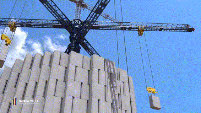 A close-up animation displaying how the tower’s crane attachments will lift the blocks, descending from above and locking into place at four contact points to support them at their base. Source: Energy Vault