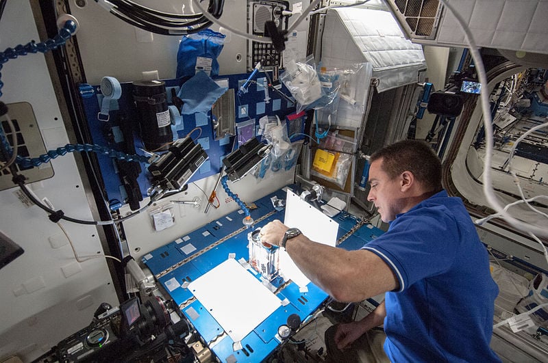 Expedition 36 industrial engineer Chris Cassidy of NASA works on the Capillary Flow Experiment aboard the International Space Station on May 22. Source: NASA