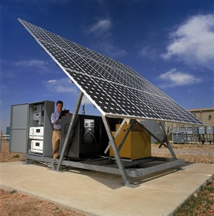 A stand-alone PV panel with inverters and diesel generator. Image source: NREL, credit Jim Yost 