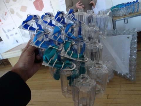 The project uses bottles created by Friendship Products LLC to construct a shelter for disaster relief. Source: RPI