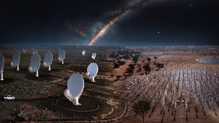 A composite image of the future SKA telescopes, blending what already exists on site with artist's impressions. Source: SKAO