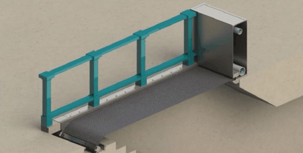 The Stairwell Flex-Gate is a metal-framed fabric closure designed to protect subway stairwells from storm surges of up to 14 feet. Image credit: ILC Dover.