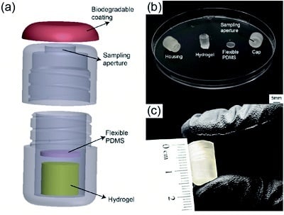 (a) 3D drawing of device components. (b) Photograph of individual components. (c) Image of final assembled capsule. Source: Jose Fernando Waimin et al.