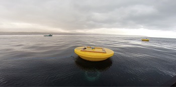 Buoys float off the coast of Ilo, Peru, in a 2015 test of the wave energy system. The system powers a desalination plant that provides coastal cities with fresh water. (Photo courtesy of Atmocean Inc.)