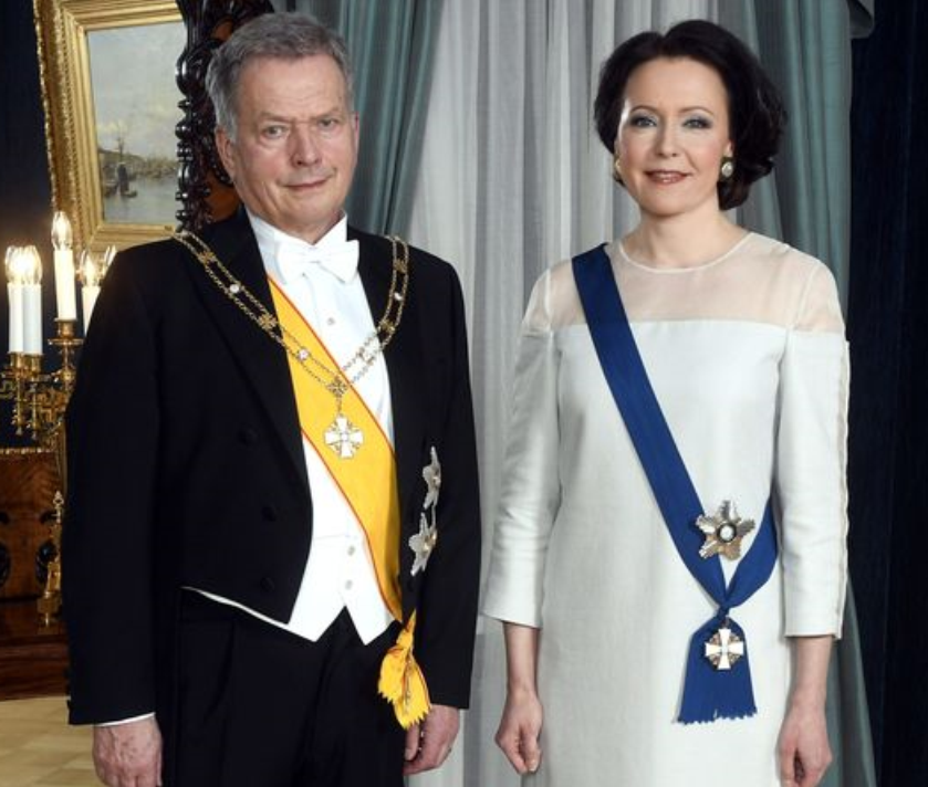 Jenni Haukio, with President Sauli Niinistö, in the evening gown made of 100% birch-based Ioncell fabric at the Finnish Independence Day reception. Source: Vesa Moilanen/Lehtikuva