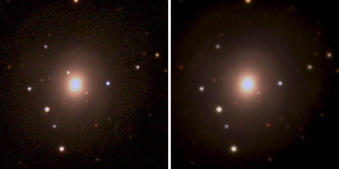 Images captured by the Dark Energy Camera at the Cerro Tololo Inter-American Observatory in Chile showed the fiery aftermath of the explosion from the colliding neutron stars. On the left, a tiny dot is visible just above the bright spot in the center of the frame — that dot is the explosion. At right, the same view without the explosion. Source: National Optical Astronomy Observatory