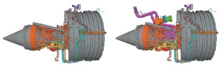 No-bleed engine (left) and traditional bleed engine (right). The no-bleed engine buildup is significantly simplified since components for the pneumatic bleed air system are eliminated. Source: Boeing