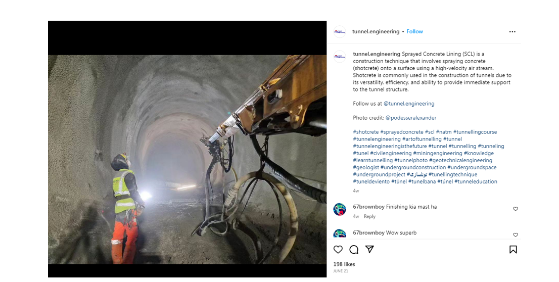 Sprayed Concrete Lining (SCL) construction technique. Source: @tunnel_engineering
