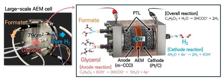 Schematic illustration of the 79 cm&sup2; large-area anion exchange membrane electrolyzer system. Source: Korea Institute of Materials Science