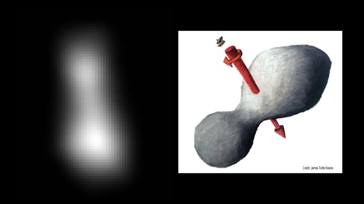 At left is a composite of two images taken by New Horizons' high-resolution Long-Range Reconnaissance Imager (LORRI). An artist's impression at right illustrates one possible appearance of Ultima Thule, based on the actual image at left. The direction of Ultima's spin axis is indicated by the arrows. Sources: NASA/JHUAPL/SwRI; sketch courtesy of James Tuttle Keane