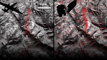 (left) methane plumes detected by NASA's AVIRIS instrument on a NASA ER-2 aircraft at 4.1 miles (6.6 kilometers) altitude and (right) by the Hyperion instrument on NASA's Earth Observing-1 satellite in low-Earth orbit. (Credit: NASA-JPL/Caltech/GSFC)