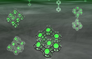 Small clusters of silver atoms (green spheres) trapped in zeolite cages. Image credit: Dr. Oliver Fenwick.