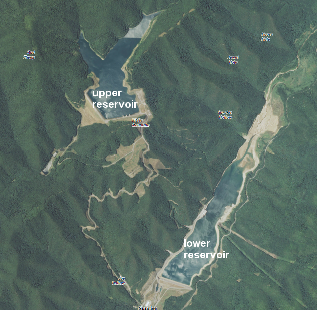 The depth of the 555-acre lower reservoir of the Bath County Pumped Storage Station varies up to 60 ft during operation. Its upper reservoir covers 265 acres and rises and falls as much as 105 ft. Source: U.S. Geological Survey / Dominion Energy