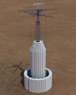 An Energy Vault tower in discharge mode, generating electricity to deliver back to the grid. Source: Energy Vault