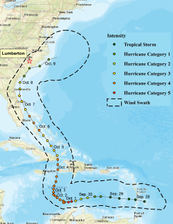 (Click to enlarge.) Map showing track of Hurricane Matthew and location of Lumberton, NC. Credit: Center for Risk-Based Community Resilience Planning