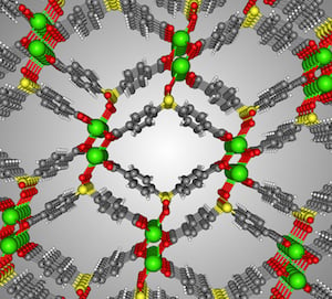 A molecular model of a new metal organic framework that selectively traps xenon, a gas released during reprocessing of nuclear fuel. Image credit: Courtesy of PNNL.