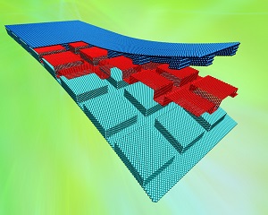Simulations showed that graphene between patterned gallium nitride and diamond could offer excellent heat transfer in next-generation hybrids of nano- and microelectronics. Image credit: Lei Tao/Rice University.