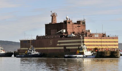 (Click to enlarge.) The power plant as it arrived in Murmansk for fueling. Credit: Rosatom.