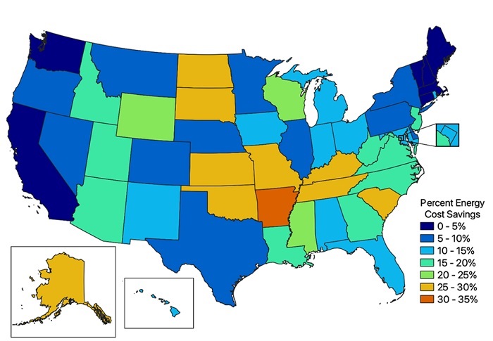 Cost savings by state from updated residential building energy codes. Source: ACEEE