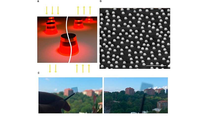 (a) Artistic depiction of a nanoantenna surface. (b) Scanning electron microscope micrograph of the nanoantennas. (c) Photographs of the new surface held against a window. Source: Jonsson et al. &copy;2017 American Chemical Society 