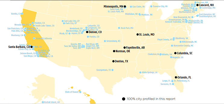 Blue denotes community-wide commitment to 100% clean energy; orange reflects state-wide commitment to 100% clean energy. Source: Sierra Club
