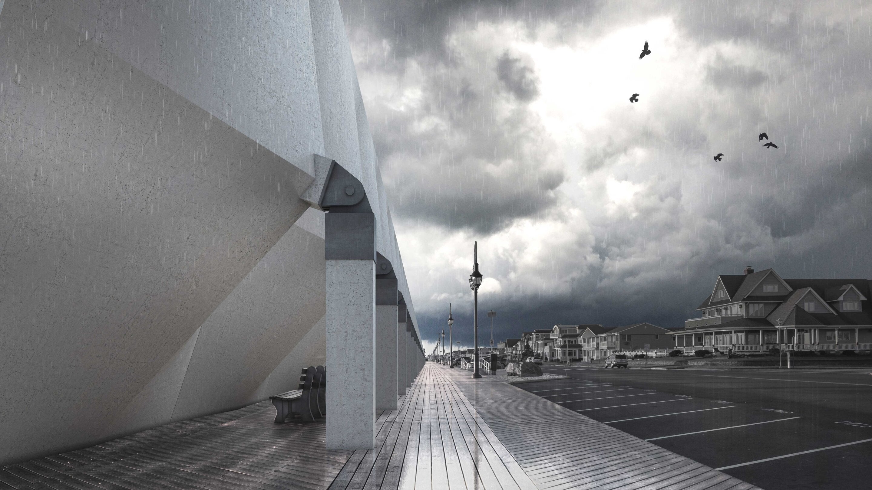 The researchers calculated that the proposed umbrellas would remain stable when faced with a wall of water about 75% of their deployed height of 26 feet. Source: Princeton University