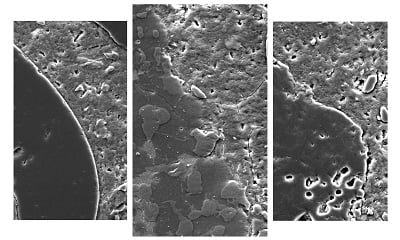 Magnified images showing concrete made with treated slag (center), conventional aggregates (left) and raw slag (right). The treated slag forms a more seamless bond with the cement paste, making the concrete stronger. Source: Rajeev Roychand et al.