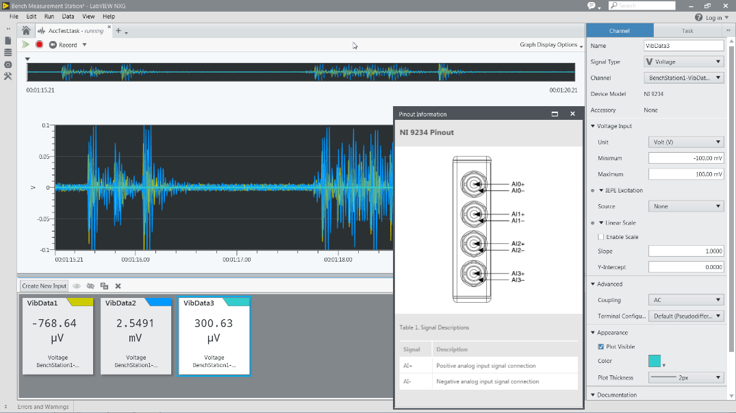 Figure 3: LabVIEW NXG provides an interactive environment to start acquiring data quickly with easy access to hardware configurations, specifications, and documentation. This reduces system setup time. 