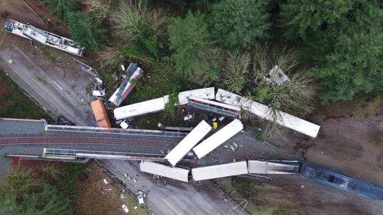 The train was traveling at 78 mph and was traveling from right to left in the image. Credit: Washington State Patrol via NTSB