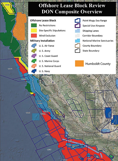 California's coastal waters host a complex mix of activities. This Navy map from earlier this year designates much of the wind-rich areas south of San Francisco "wind excluded." Source: U.S. Department of Defense