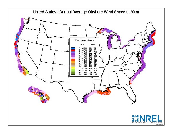 Offshore wind speed at 90 m above sea level. New England and California's north coast boast some of the richest offshore wind resources. Source: NREL