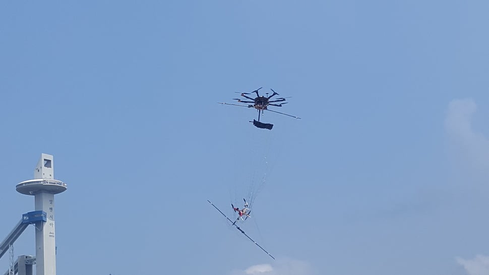 The Pyeongchang Olympics anti-terrorism and safety headquarters shows off its “drone-catching drone” which will cast nets over suspicious drones that radar detects approach Olympic venues. Source: Pyeongchang Olympics anti-Terrorism and Safety Headquarters