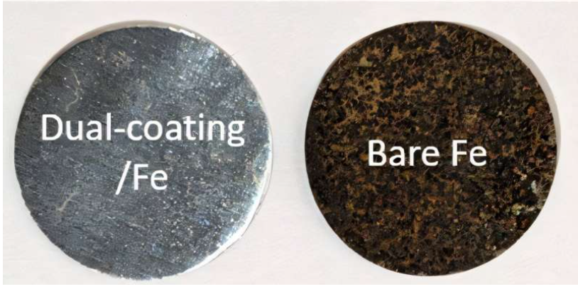 Right image: uncoated iron. Left image: coated iron. Both shown after exposure to rust-promoting conditions. Source: Linoy Amar